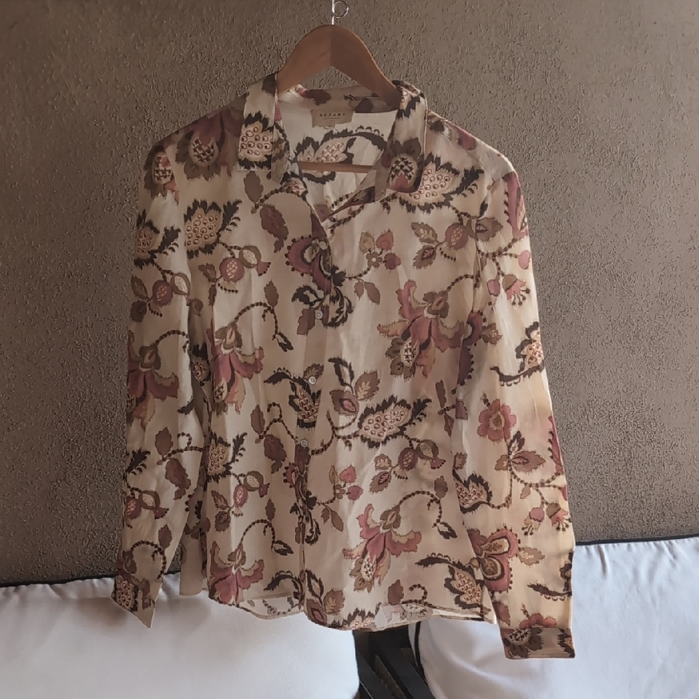 NWOT SEZANE PIERRO SHIRT Merveille Print Silk Cotton Pink Brown 42 (US 10-10) - Picture 3 of 10
